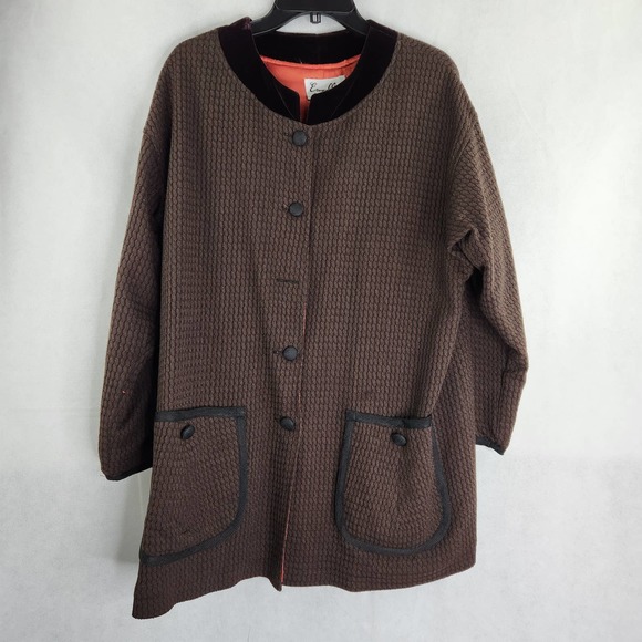 Emmelle Brown Textured Blazer Jacket Velvet Trim Size 2 L XL Missing Button - Picture 1 of 10